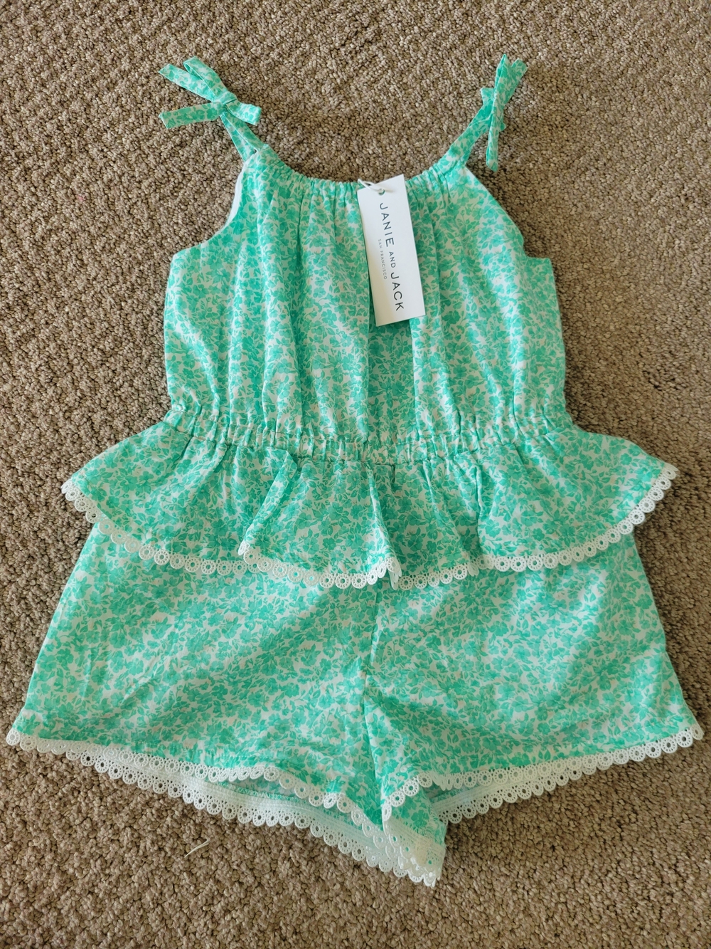 Janie and Jack Mint Floral Peplum Romper with Lace Trim
